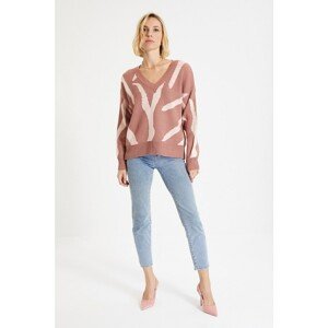 Trendyol Dried Rose Jacquard V Neck Knitwear Sweater