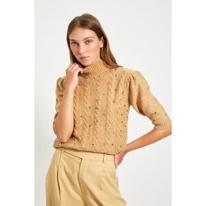 Trendyol Camel Bead Detailed Stand Collar Knitwear Sweater