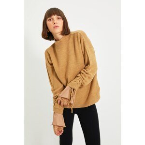 Trendyol Beige Sleeve Detailed Stand Up Collar Knitwear Sweater