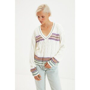 Trendyol Ecru Jacquard V Neck Knitwear Sweater