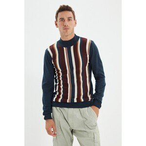 Trendyol Navy Blue Men's Slim Fit Half Turtleneck Striped Sweater