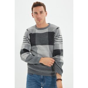 Trendyol Anthracite Men's Slim Fit Crew Neck Plaid Knitwear Sweater