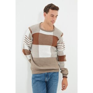 Trendyol Beige Men's Slim Fit Crew Neck Plaid Knitwear Sweater