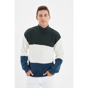 Trendyol Green Men's Slim Fit Half Turtleneck Paneled Knitwear Sweater