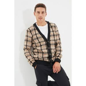 Trendyol Beige Men's Slim Fit Plaid Knitwear Cardigan