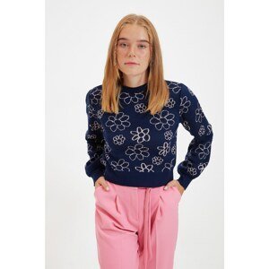 Trendyol Navy Blue Jacquard Crop Knitwear Sweater