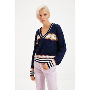 Trendyol Navy Blue Jacquard V Neck Knitwear Sweater
