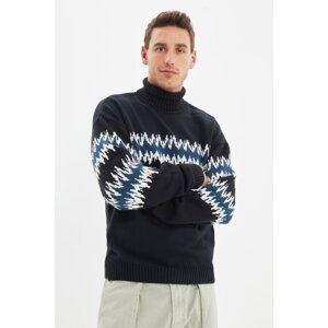 Trendyol Navy Blue Men Regular Fit Turtleneck Jacquard Sweater