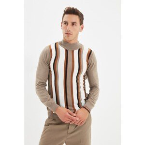 Trendyol Ecru Men's Slim Fit Half Turtleneck Striped Sweater
