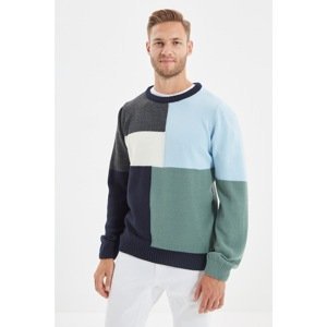 Trendyol Navy Blue Men's Slim Fit Crew Neck Paneled Knitwear Sweater