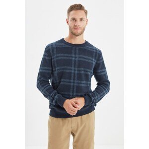 Trendyol Navy Blue Men's Slim Fit Crew Neck Plaid Knitwear Sweater