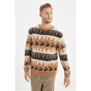 Trendyol Camel Men Slim Fit Crew Neck Jacquard Knitwear Sweater