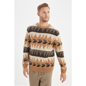 Trendyol Camel Men Slim Fit Crew Neck Jacquard Knitwear Sweater