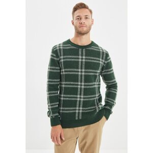 Trendyol Dark Green Men's Slim Fit Crew Neck Plaid Knitwear Sweater
