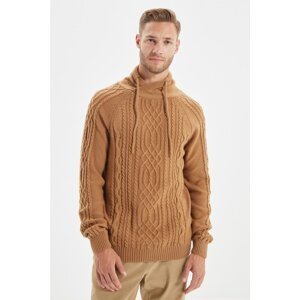 Trendyol Camel Men Slim Fit Shawl Collar Hair Knitting Knitwear Sweater