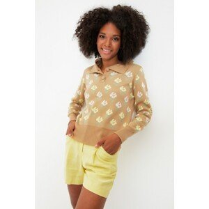 Trendyol Camel Polo Collar Jacquard Button Detailed Knitwear Sweater