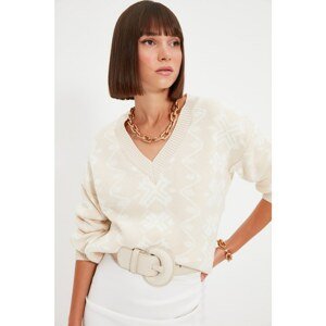 Trendyol Beige Jacquard V-Neck Knitwear Sweater
