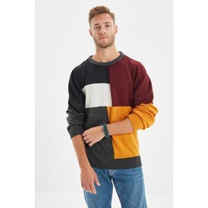 Trendyol Claret Red Men's Slim Fit Crew Neck Paneled Knitwear Sweater