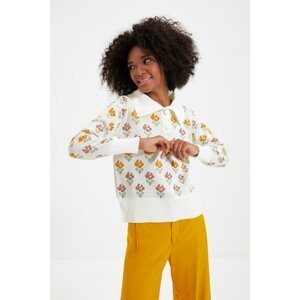 Trendyol Ecru Polo Collar Jacquard Button Detailed Knitwear Sweater