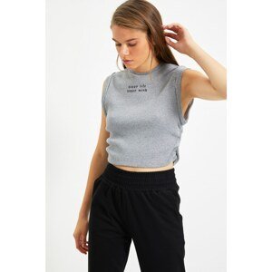 Trendyol Gray Crop Embroidered Knitted Blouse
