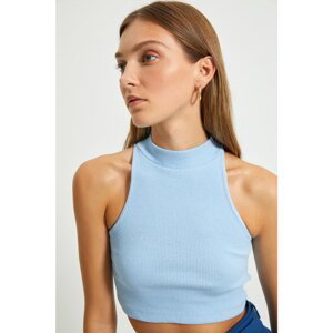 Trendyol Light Blue Stand Up Collar Corduroy Crop Knitted Blouse