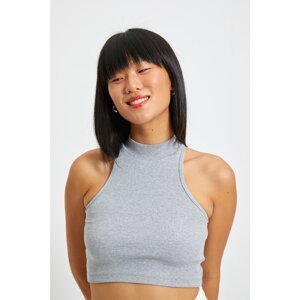 Trendyol Gray Stand Up Collar Corduroy Crop Knitted Blouse