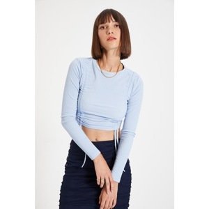 Trendyol Light Blue Crop Pleated Crepe Knitted Blouse