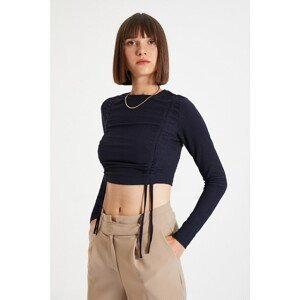 Trendyol Navy Blue Crop Pleated Crepe Knitted Blouse