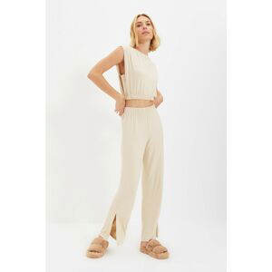 Trendyol Beige Elastic Waist Slit Knitted Pajamas Set