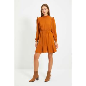 Trendyol Camel Stand Collar Ruffle Detailed Dress