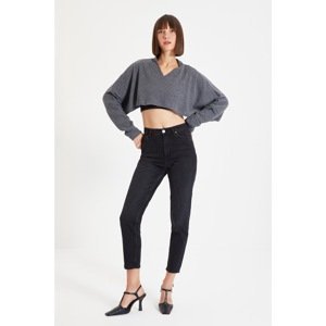 Trendyol Anthracite Super Crop Long Sleeve Tricot Look Knitted Blouse