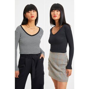 Trendyol Anthracite-Multicolor Striped 2-Pack Knitted Blouse