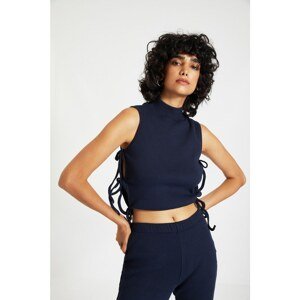 Trendyol Navy Blue Ribbed Crop Tie Detailed Knitted Blouse