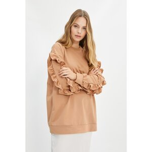 Trendyol Beige Sleeve Ruffle Knitted Sweatshirt