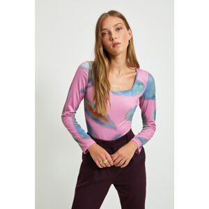 Trendyol Pink Printed Square Collar Fitted Knitted Body