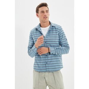 Trendyol Blue Men's Slim Fit Shirt Collar Cross Striped Long Sleeve Epaulette Shirt