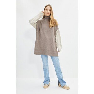 Trendyol Brown Color Block Turtleneck Long Knitwear Sweater