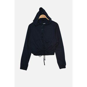 Trendyol Navy Blue Buttoned Hooded Crop Knitted Slim Sweatshirt