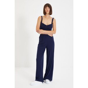 Trendyol Navy Blue Wide Leg/Casual Fit High Waist Corduroy Stretchy Knit Trousers