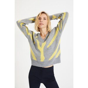 Trendyol Gray Jacquard V Neck Knitwear Sweater