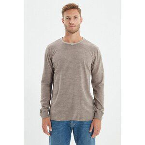 Trendyol Beige Men's Slim Fit Crew Neck Striped Detailed Sweater