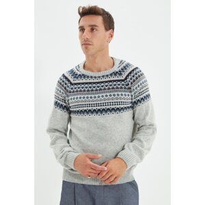Trendyol Gray Men's Slim Fit Crew Neck Jacquard Paneled Knitwear Sweater