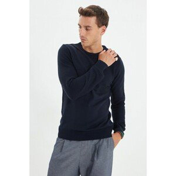 Trendyol Navy Blue Men's Slim Fit Crew Neck Textured Knitwear Sweater