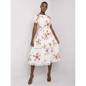 White and brown dress with floral patterns with a belt