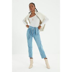 Trendyol Blue Belted Stitching Detail High Waist Straight Fit Jeans