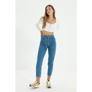 Trendyol Blue Belted High Waist Mom Jeans