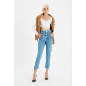 Trendyol Blue Front Buttoned Waist Detail Super High Waist Mom Jeans