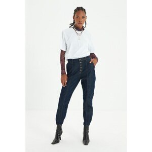 Trendyol Navy Blue Stitching Detailed Front Button High Waist Curved Jeans
