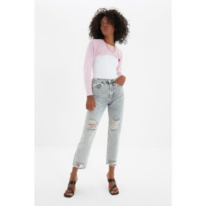 Trendyol Gray Ripped Detailed High Waist Straight Jeans