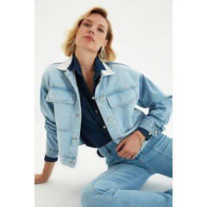 Trendyol Blue Color Block Pocket Detailed Crop Denim Jacket